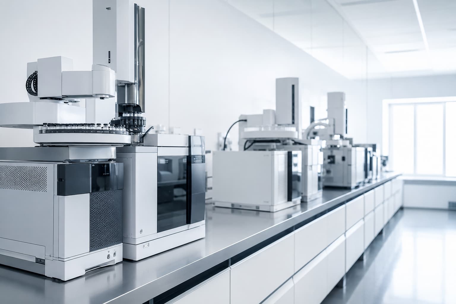 Analytical instruments arranged on a clean laboratory bench
